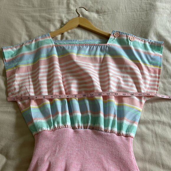 Vintage Pastel Rainbow Striped Midi Dress With Elastic Waist & Button Details - Picture 4 of 7